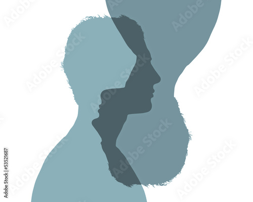 Illustration: two profiles of young white men with short hair two profiles of young white men with short hair