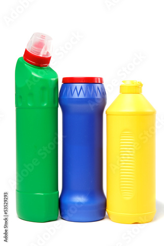 Photo: Detergent bottles on a white background. Detergent bottles on a white background.