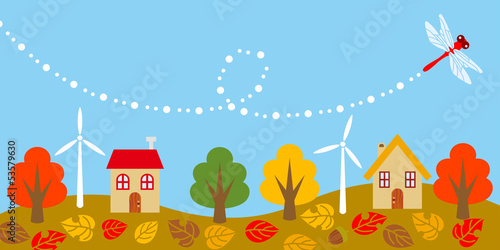 Vector: Red dragonfly is flying over small village Red dragonfly is flying over small village