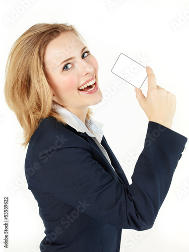 Photo: Business woman proudly presents her business card Business woman proudly presents her business card