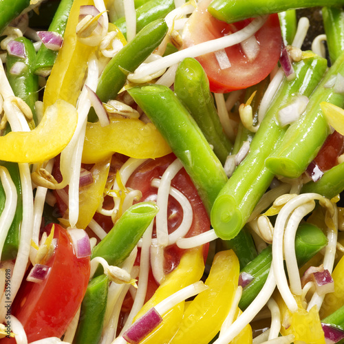 Photo: vegtables salad with tomato, beans, yellow pepper, bean sprouts vegtables salad with tomato, beans, yellow pepper, bean sprouts