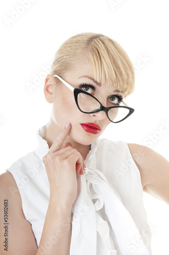 Photo: Thinking Business Woman looking up at copy space. Thinking Business Woman looking up at copy space.