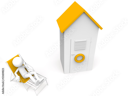 Illustration: White man sitting and beach cabin White man sitting and beach cabin