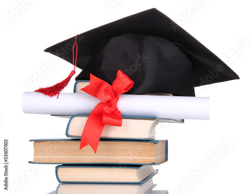 Photo: Grad hat with diploma and books isolated on white Grad hat with diploma and books isolated on white