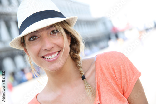 Photo: Portrait of beautiful blond girl with hat Portrait of beautiful blond girl with hat