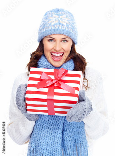 Photo: Beautiful christmas girl with gifts. Beautiful christmas girl with gifts.