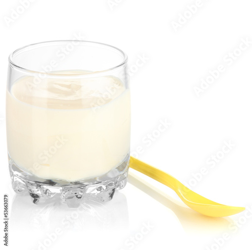 Photo: Delicious yogurt in glass isolated on white Delicious yogurt in glass isolated on white