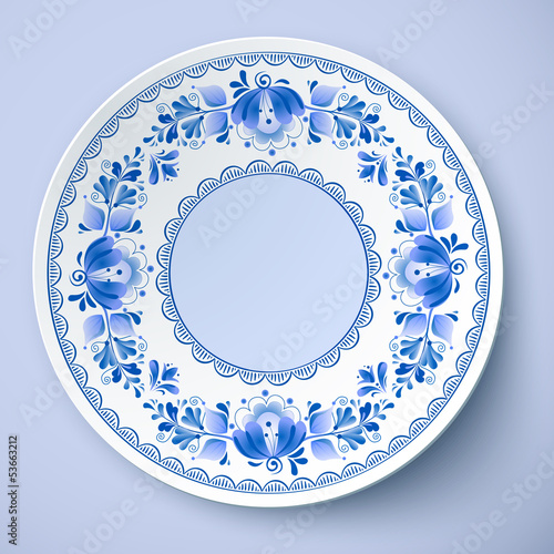 Vector: White vector plate in gzhel style White vector plate in gzhel style