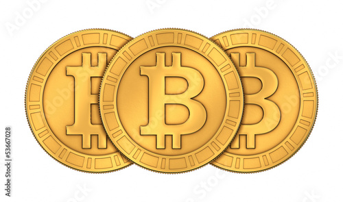 Illustration: Frontal view of three 3D rendered paneled golden Bitcoins on whi Frontal view of three 3D rendered paneled golden Bitcoins on whi