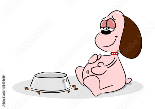 Vector: An overfed fat cartoon dog next to an empty food bowl An overfed fat cartoon dog next to an empty food bowl