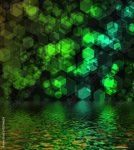 Illustration: Green hexagon bokeh background reflected in water surface. Green hexagon bokeh background reflected in water surface.