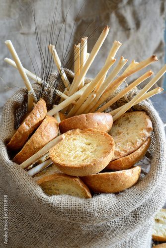 Photo: freselle of bread in sack freselle of bread in sack