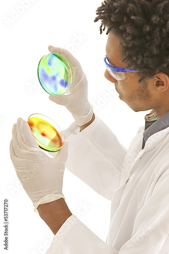 Photo: Microbiologiste observant 2 boites de pétri Microbiologiste observant 2 boites de pétri