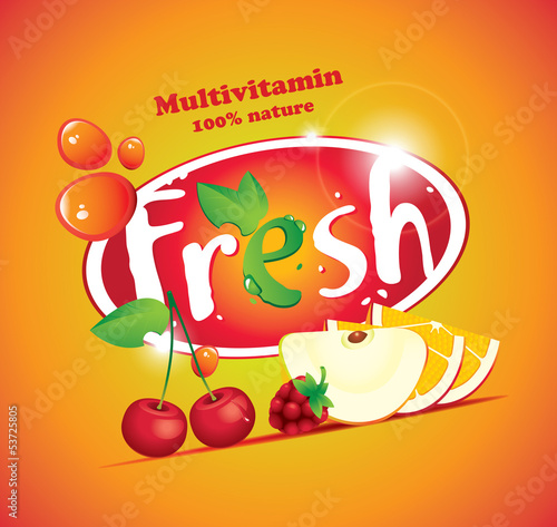 Vector: banner with fruits and berries and the inscription Fresh banner with fruits and berries and the inscription Fresh