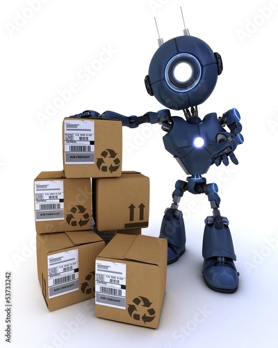 Illustration: android with shipping boxes android with shipping boxes
