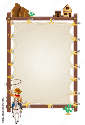 Vector: A cowboy riding on a horse with an empty signage at the back A cowboy riding on a horse with an empty signage at the back