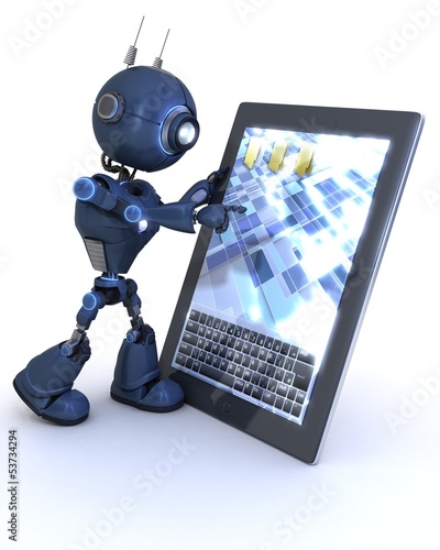 Illustration: android with mobile tablet device android with mobile tablet device