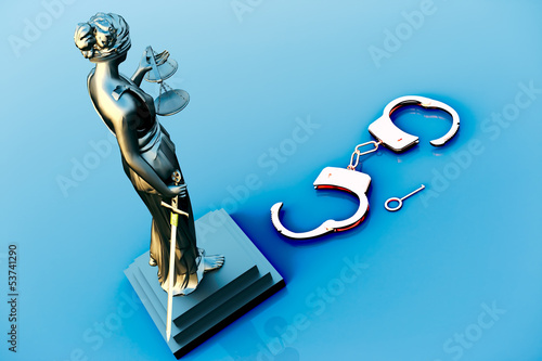 Illustration: Themis statue and handcuffs over white background Themis statue and handcuffs over white background