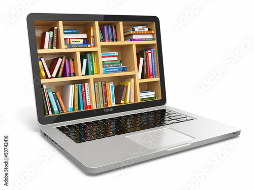 Illustration: E-learning education or internet library. Laptop and books. E-learning education or internet library. Laptop and books.