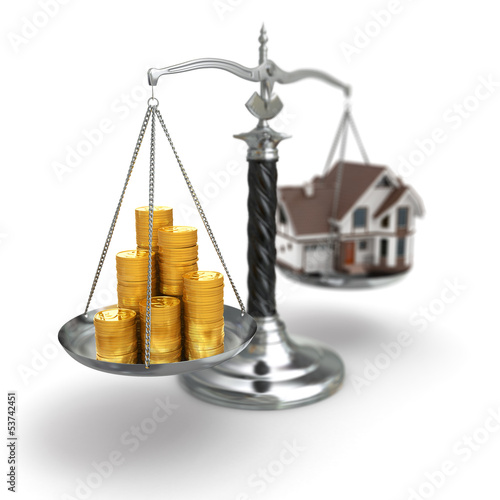 Illustration: Real estate concept. House and money on scale. Real estate concept. House and money on scale.