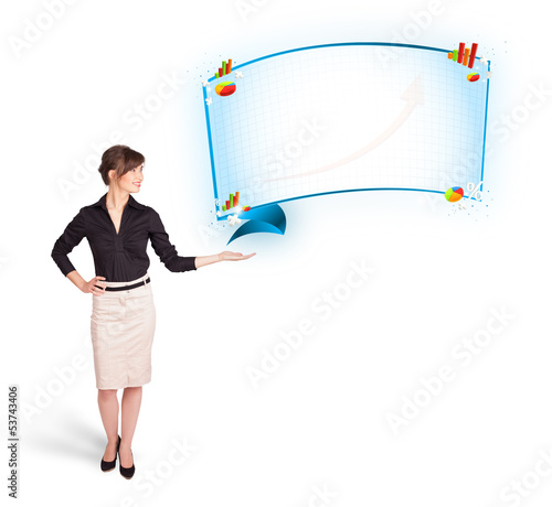 Photo: Young woman presenting abstract copy space with graphs and diagr Young woman presenting abstract copy space with graphs and diagr