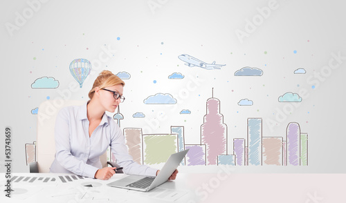 Photo: Pretty businesswoman with colorful city sky-scape background Pretty businesswoman with colorful city sky-scape background
