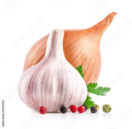 Photo: Garlic and onion isolated on white background Garlic and onion isolated on white background
