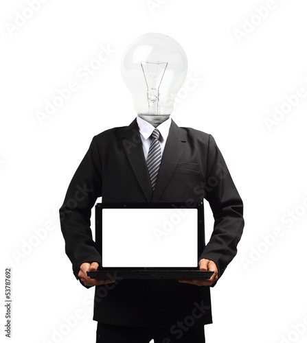 Photo: Lamp head businessman holding computer laptop screen Lamp head businessman holding computer laptop screen