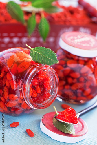 Photo: Goji berry jam with vanilla, selective focus Goji berry jam with vanilla, selective focus
