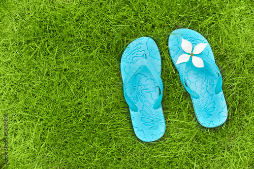 Photo: Tongs bleu turquoise sur une pelouse Tongs bleu turquoise sur une pelouse
