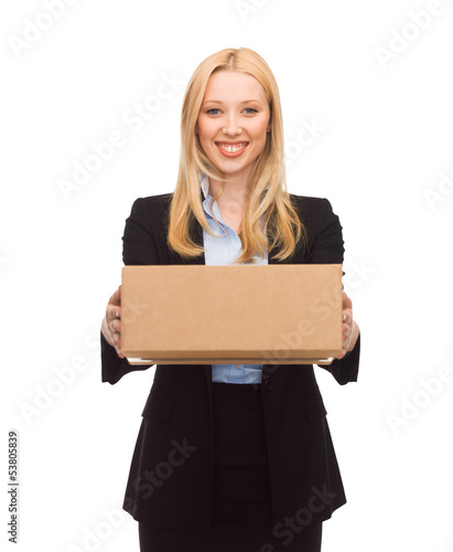 Photo: businesswoman delivering cardboard box businesswoman delivering cardboard box