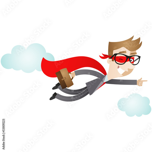 Vector: Businessman, Superhero, flying, pointing, clouds Businessman, Superhero, flying, pointing, clouds