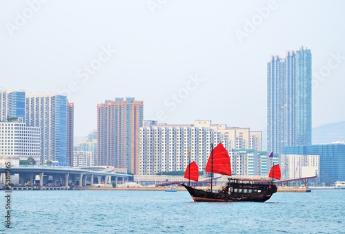 Photo: Chinese Junk Ship in Victoria Harbor Chinese Junk Ship in Victoria Harbor