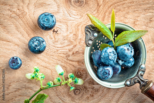 Photo: Blueberries in an old metal ladle and leafs Blueberries in an old metal ladle and leafs