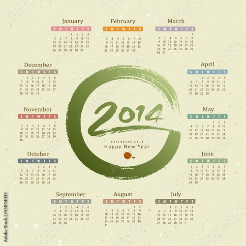 Vector: Calendar 2014 text circle paint brush recycle paper background Calendar 2014 text circle paint brush recycle paper background