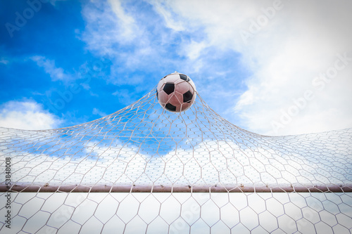 Photo: football in goal net football in goal net