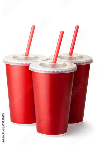 Photo: Three red cardboard cups with a straws Three red cardboard cups with a straws