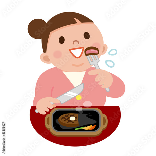 Illustration: ステーキを食べる太った女性 ステーキを食べる太った女性