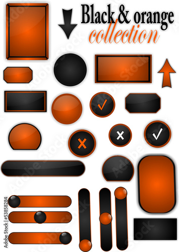Vector: Collection of black and orange buttons, stickers, offers Collection of black and orange buttons, stickers, offers