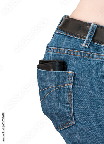 Photo: Wallet or purse in a female's jeans pocket Wallet or purse in a female's jeans pocket