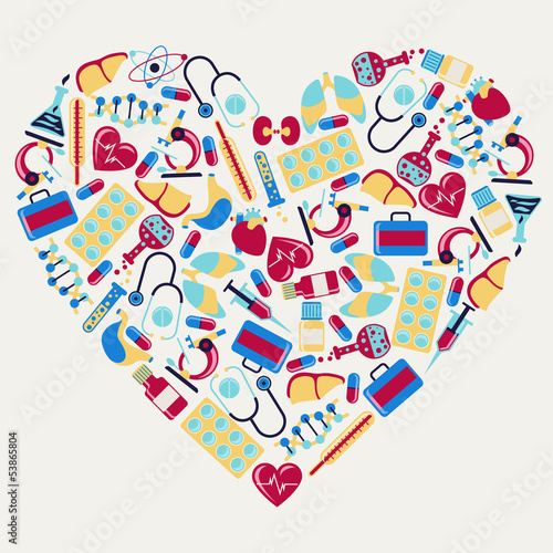 Vector: Medical and health care icons in the shape of heart. Medical and health care icons in the shape of heart.