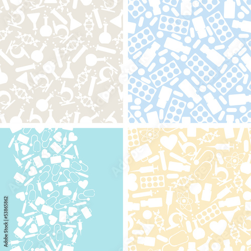 Vector: Medical and health care set of 4 seamless patterns. Medical and health care set of 4 seamless patterns.