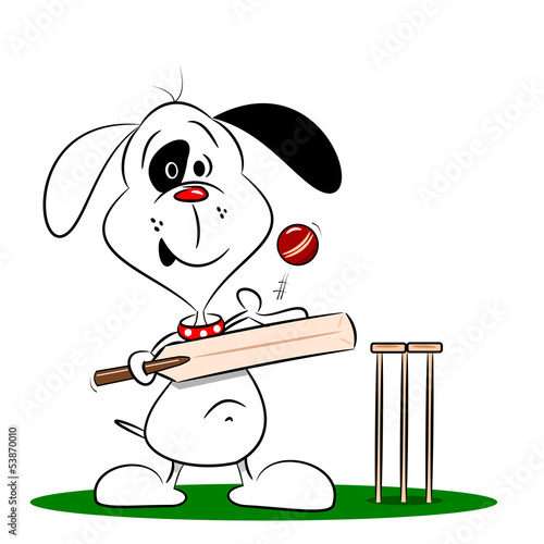 Vector: A cartoon dog paying cricket on a white background A cartoon dog paying cricket on a white background