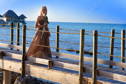 Photo: beautiful woman in a long dress on the wooden road over the sea beautiful woman in a long dress on the wooden road over the sea