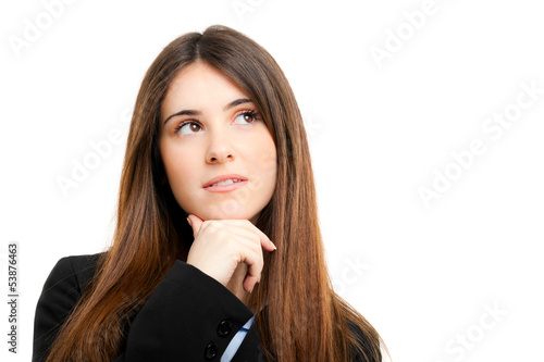 Photo: Thoughtful businesswoman isolated on white Thoughtful businesswoman isolated on white