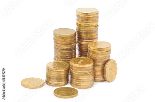 Photo: Golden coins isolated on white background Golden coins isolated on white background