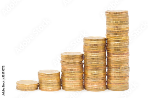 Photo: Golden coins isolated on white background Golden coins isolated on white background