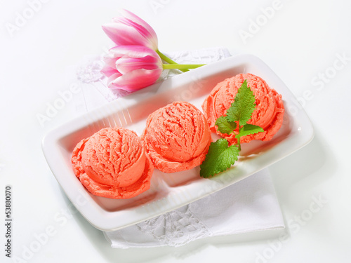 Photo: Scoops of fruit sherbet and fresh tulips Scoops of fruit sherbet and fresh tulips