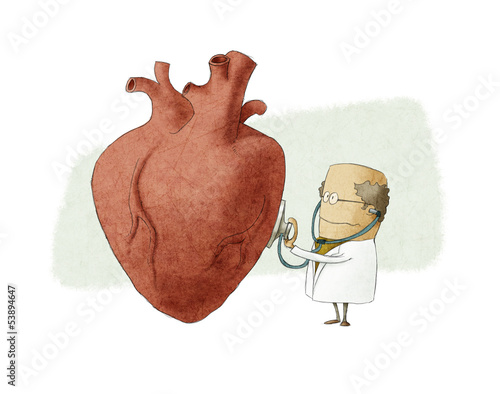 Illustration: Fun illustration of a doctor examining a big heart Fun illustration of a doctor examining a big heart