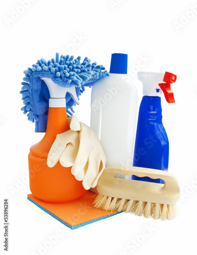 Photo: Cleaning products isolated on white Cleaning products isolated on white